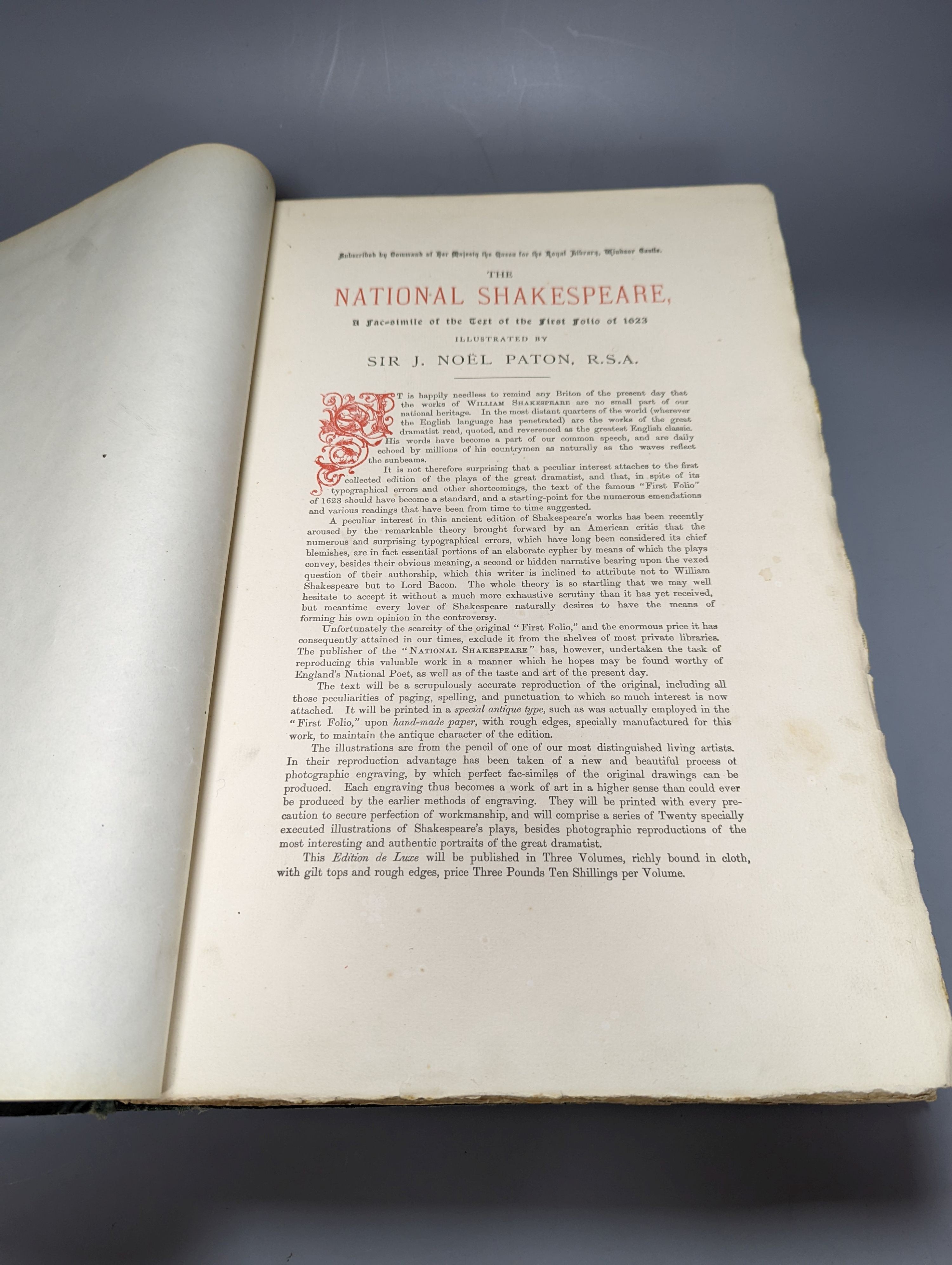 Shakespeare, William - The National Shakespeare: a fac-simile of the text of the first folio of 1623 ... num. plates; publisher's green gilt morocco, coloured pictorial inset on upper boards